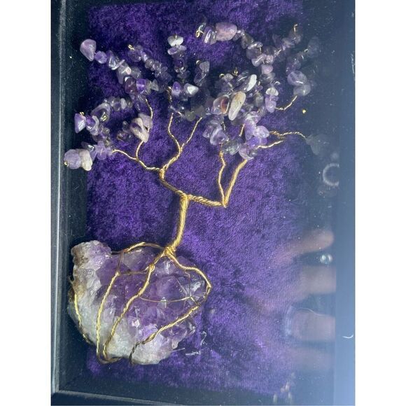 GEMSTONE BONSAI TREE WITH AMETHYST DRUZE BASE  lepoldite TUMBLED STONE LEAVES - Picture 2 of 7